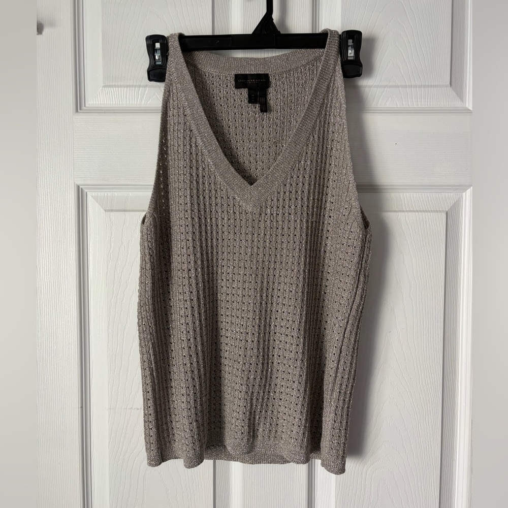 Donna Karan Open Knit Metallic Silver Tank